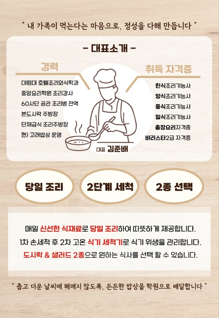 대표 김준배 소개 — 당일 조리, 2단계 세척, 도시락과 샐러드 2종 선택